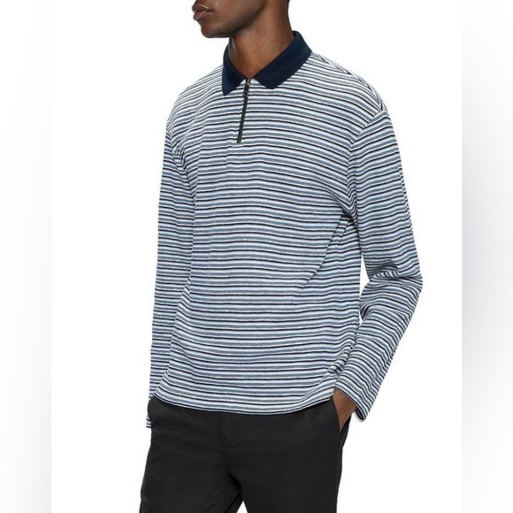 Ted Baker Cotton Blend Textured Stripe Relaxed Fit‎ Quarter Zip Polo Shirt, NWT
